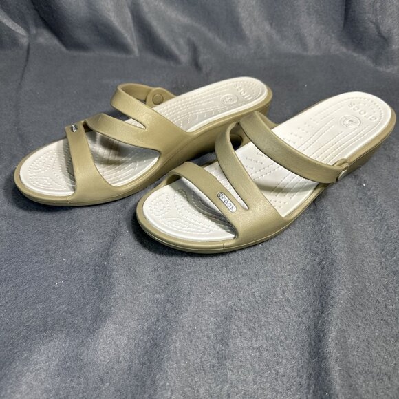 Crocs Wedge Sandals Womens Size 10 W Tan Patricia II Strappy Slip-On‎ Coastal - Picture 1 of 6
